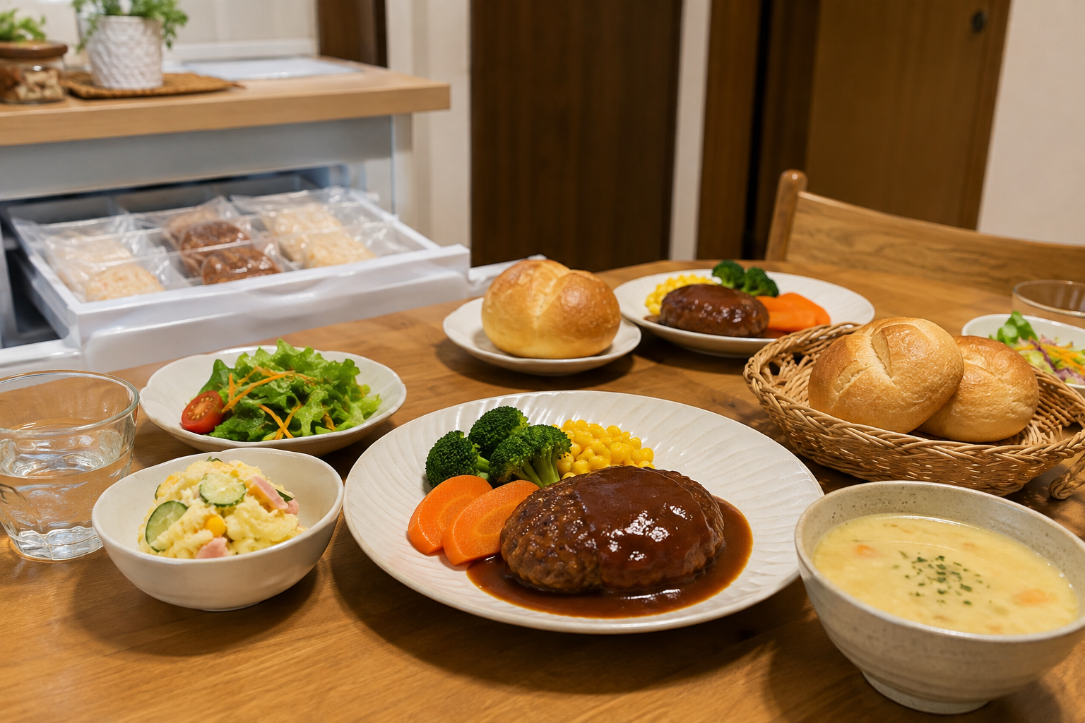 食卓に並ぶ個包装のお取り寄せ料理