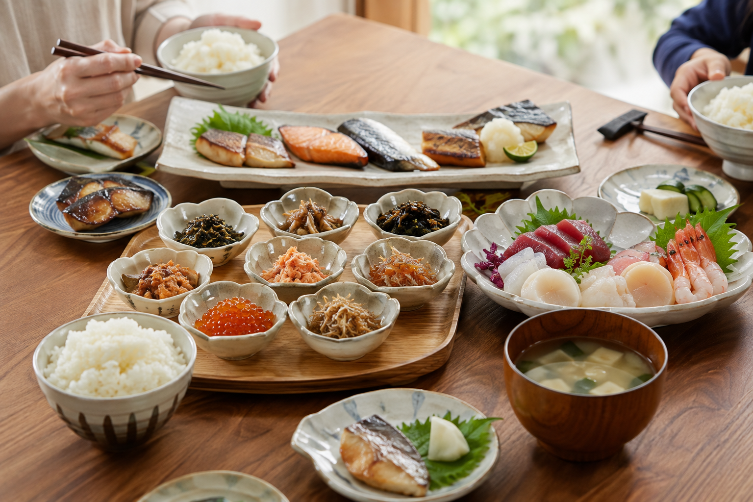 食卓に並ぶ海鮮とご飯のお供のお取り寄せ